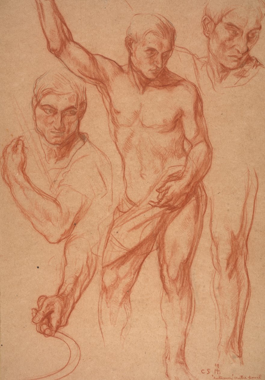 Mandsfigurstudie med genstudier af hoved, arme, skuldre og ben (skitser til midterpanelet af "Autumn"), 8. april af Charles Haslewood Shannon