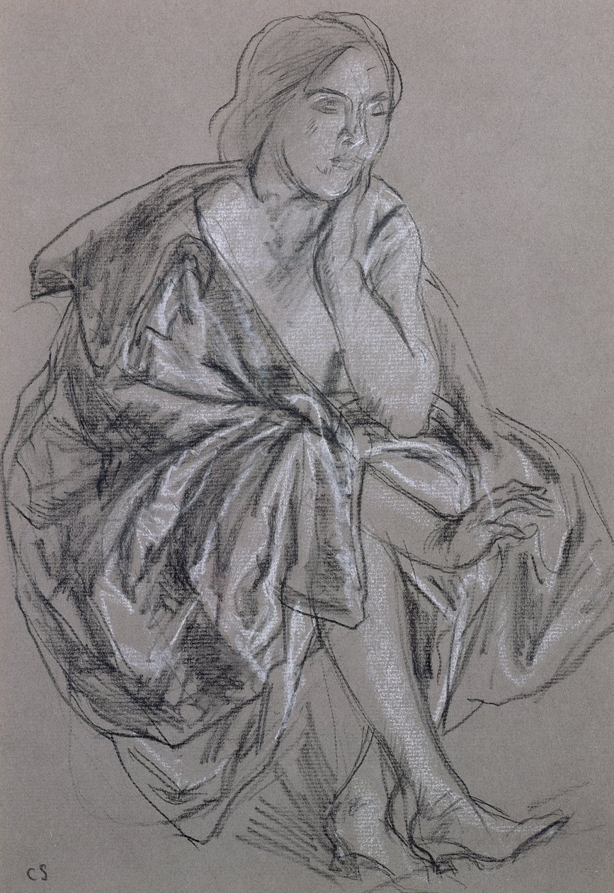Studie af en siddende kvinde, Siddende kvinde draperet (kridt på papir) af Charles Haslewood Shannon