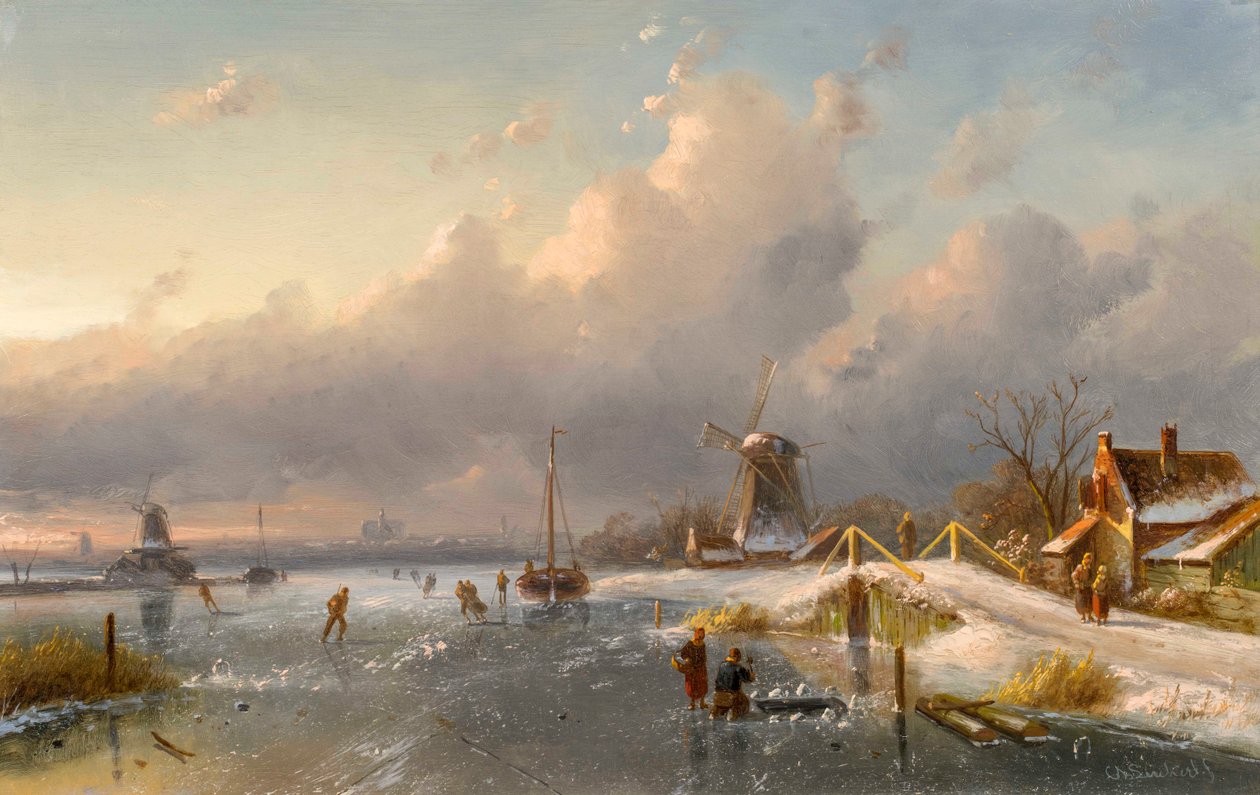 Et vinterlandskab med vindmøller og skatere på en frossen vandvej, 1840