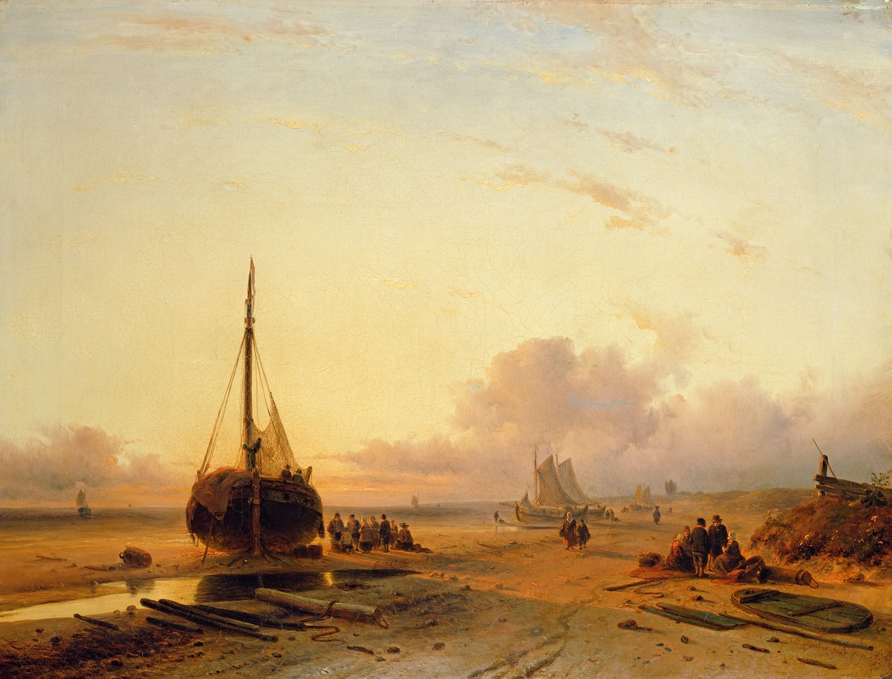 Strandscene med fiskerbåde af Charles Henri Joseph Leickert