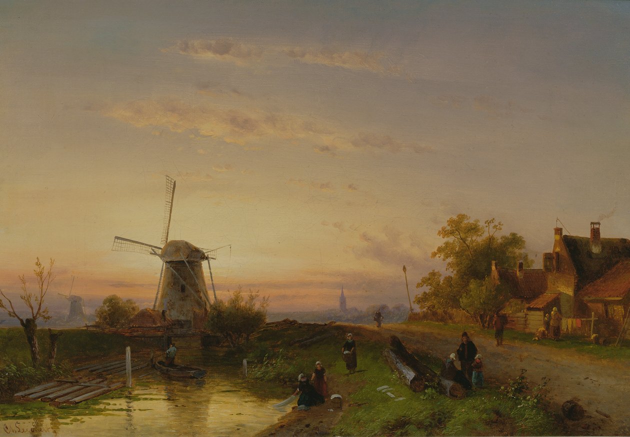 Vindmølle ved solnedgang af Charles Henri Joseph Leickert