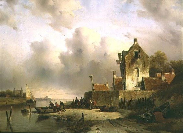En flodmunding med fiskere ved en kaj af Charles Henri Joseph Lieckert