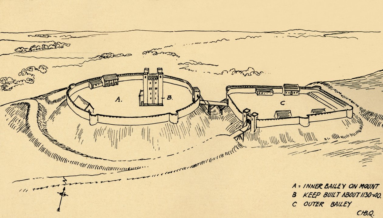 Bird Eye View af Castle Hedingham, Essex Partial Reconstruction., 1931 af Charles Henry Bourne Quennell