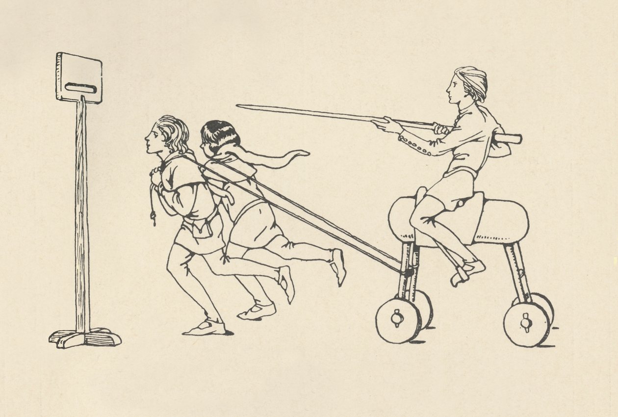 Drenge leger på Riding at the Quintain Romance of Alexander, omkring 1340. Bodleian, 1931 af Charles Henry Bourne Quennell