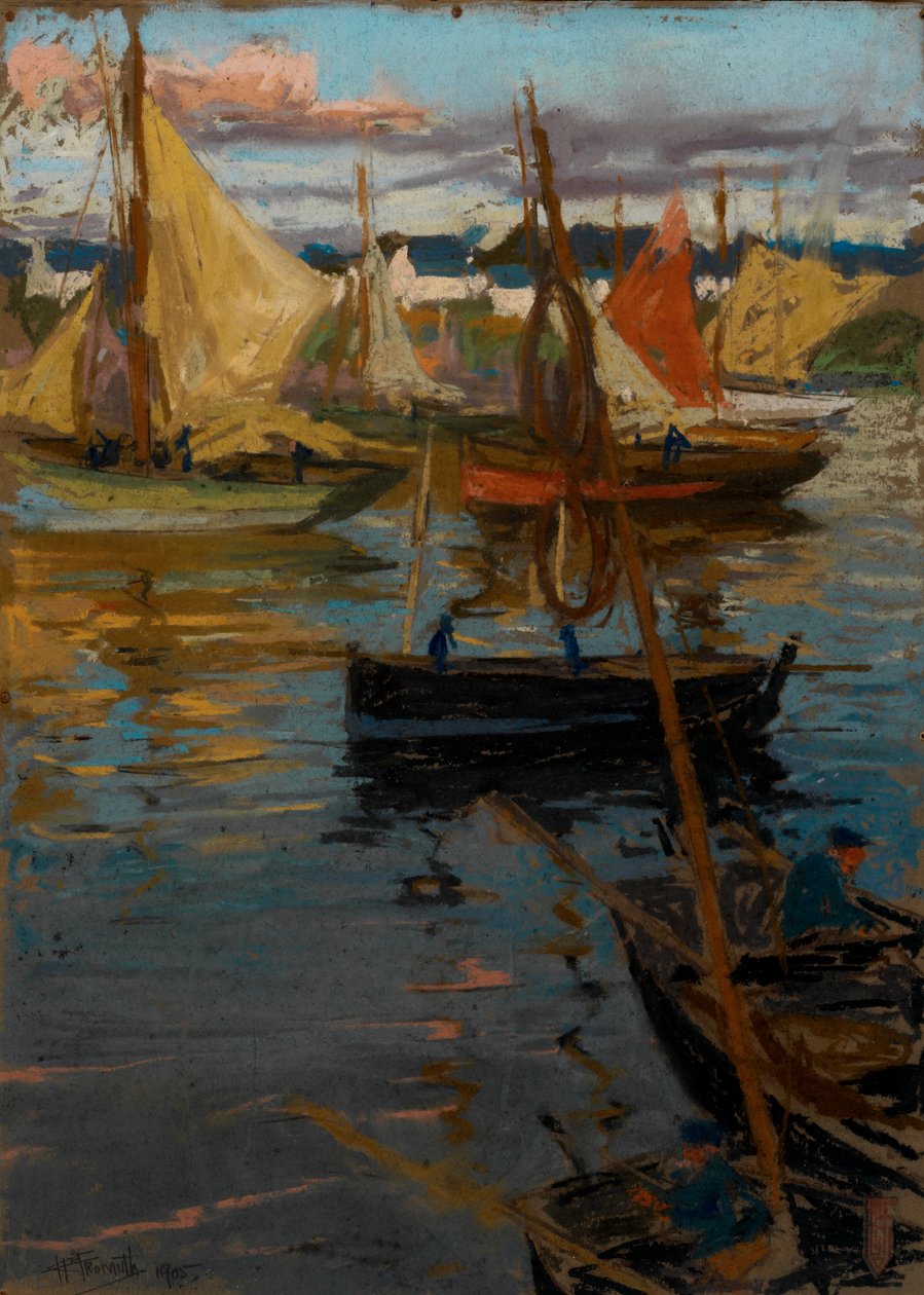 En aftenglød med en rosensti i skyggen (Boats Concarneau) af Charles Henry Fromuth