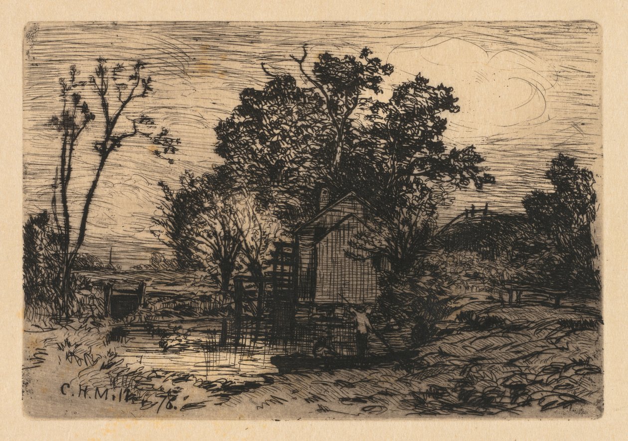 Sommerhus og to figurer i en båd af Charles Henry Miller