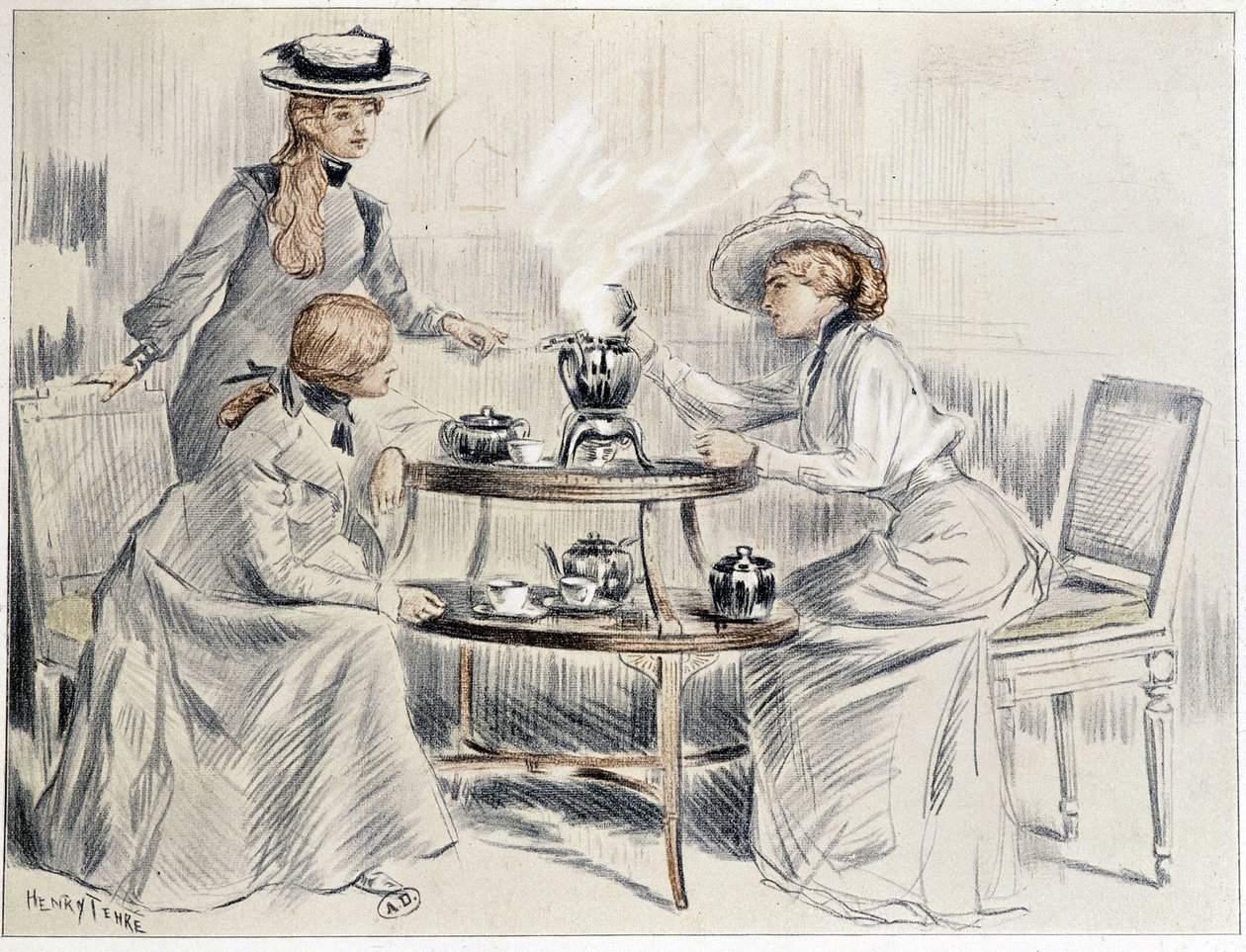 Damer tager te omkring en lille samovar - tegning af Henri Tenré, ca. 1910 af Charles Henry Tenre