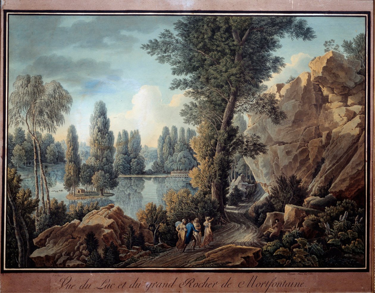The Great Rock and the Lake of Mortefontaine Park Akvarel af Charles Hippolyte Cassas (1800-1846) Paris fra det 19. århundrede, Musee Marmottan af Charles Hippolyte Cassas