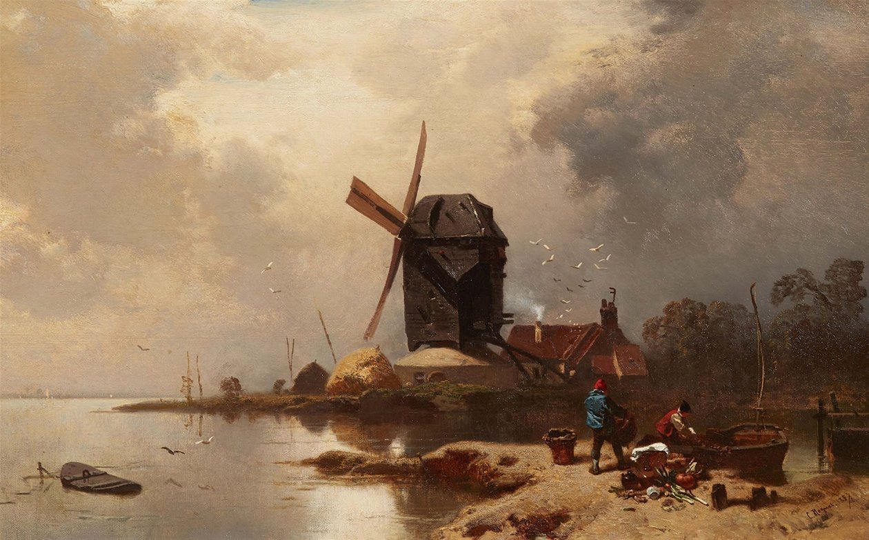 Tysk: Bockwindmühle an einem Seeufer Postmølle ved bredden af en sø af Charles Hoguet