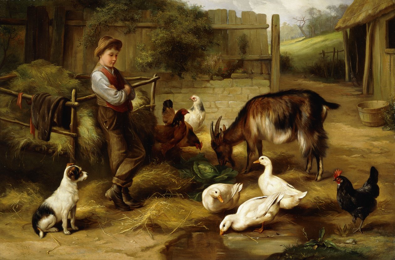En dreng med fjerkræ og en ged i en gård, 1903 af Charles Hunt