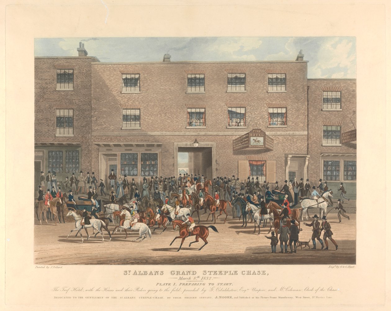 Steeple-chasing [sæt med seks]: St. Albans Grand Steeple Chase. / 8. marts 1832. Plade 1. Forberedelse til start ... af Charles Hunt
