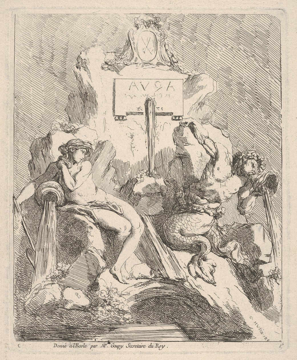 Design til et springvand med en siddende nymfe til venstre og triton, der holder en skal for munden ..., 1768. af Charles Hutin
