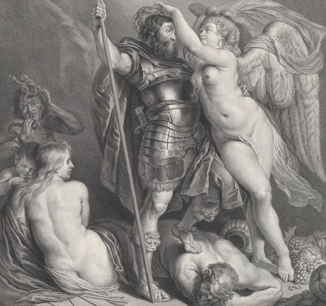 Helt kronet af Victory, der placerer en laurbærkrans på hans hoved, Venus og Amor ved..., ca. 1735-61. af Charles Hutin