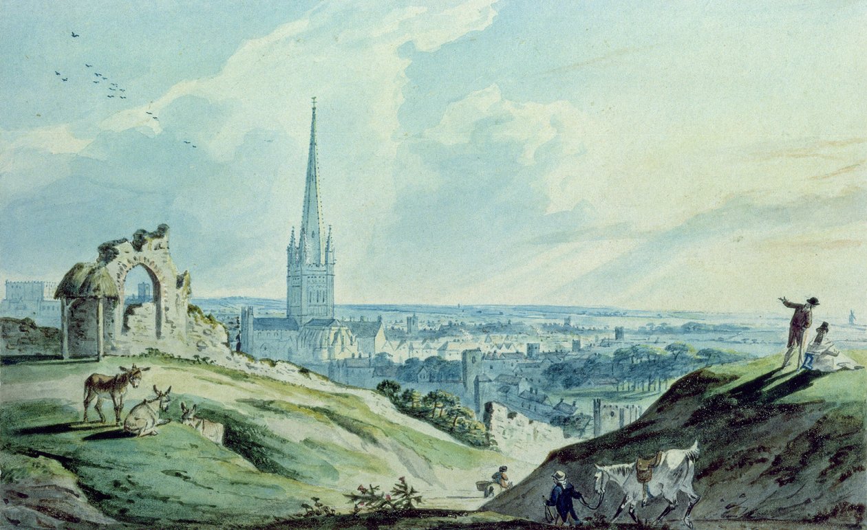 En udsigt over Norwich, fra Mousehold Hill, nær ruinerne af Ketts Castle af Charles, II Catton