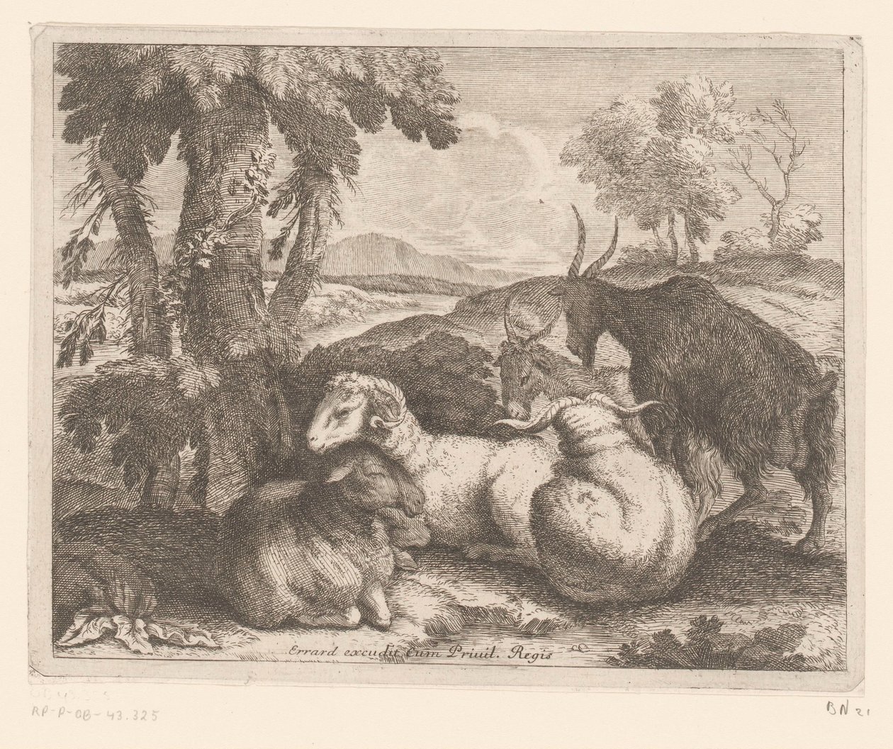 Får og geder under et træ Dyreserie (serietitel) af Charles II Errard (attributed to)