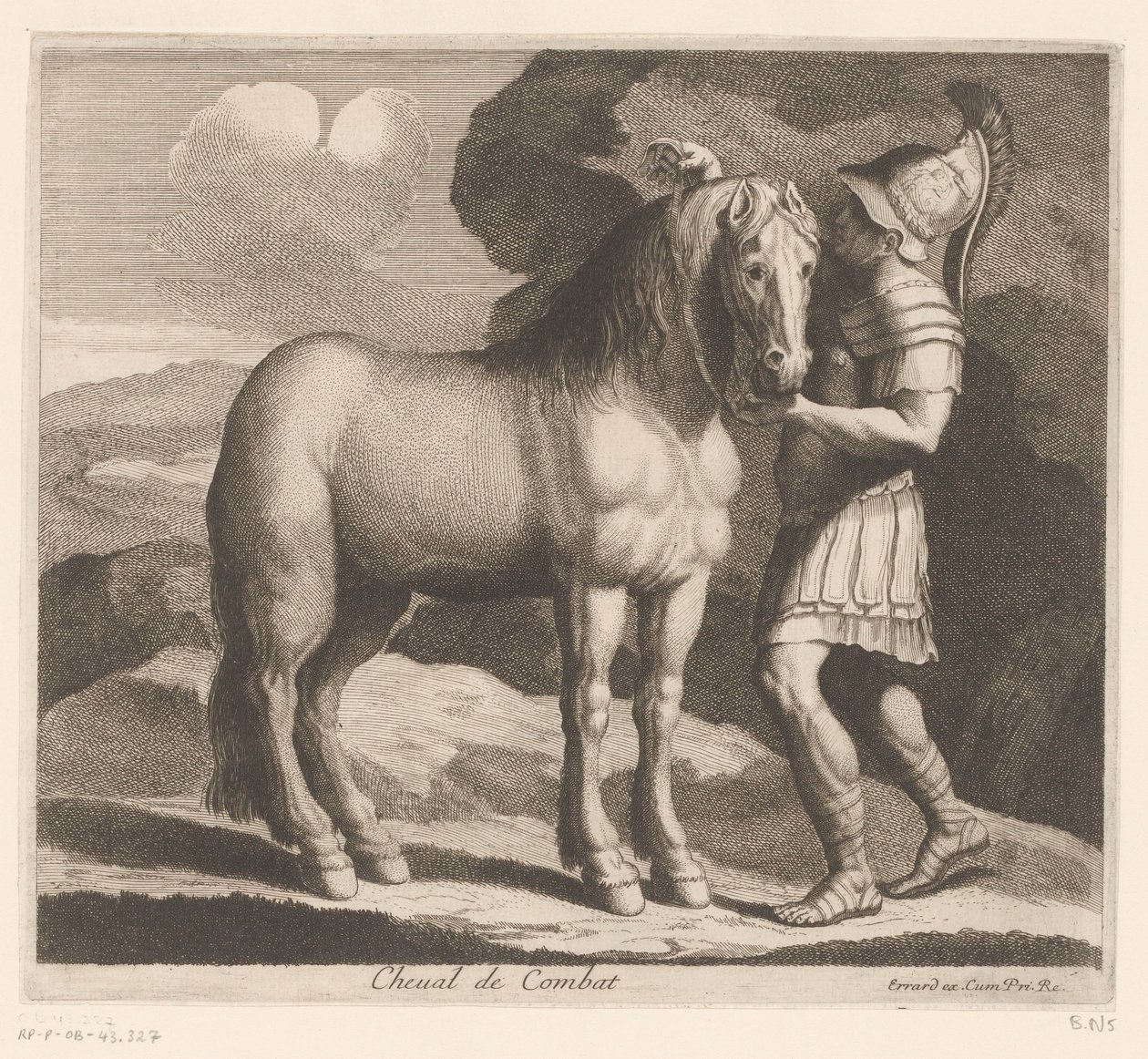 Soldat spænder en hest Cheval de Combat (titel på objekt) Dyreserie (serietitel) af Charles II Errard (attributed to)