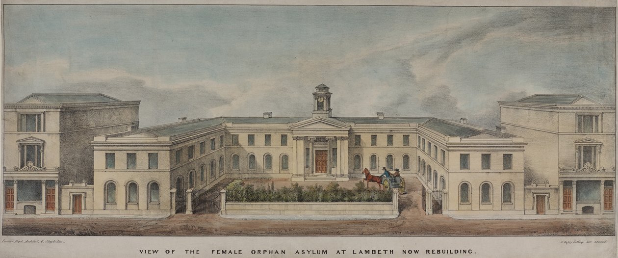 The Lambeth Asylum for Girls, grundlagt 1758, ca. 1840 (farve litho) af Charles Ingrey