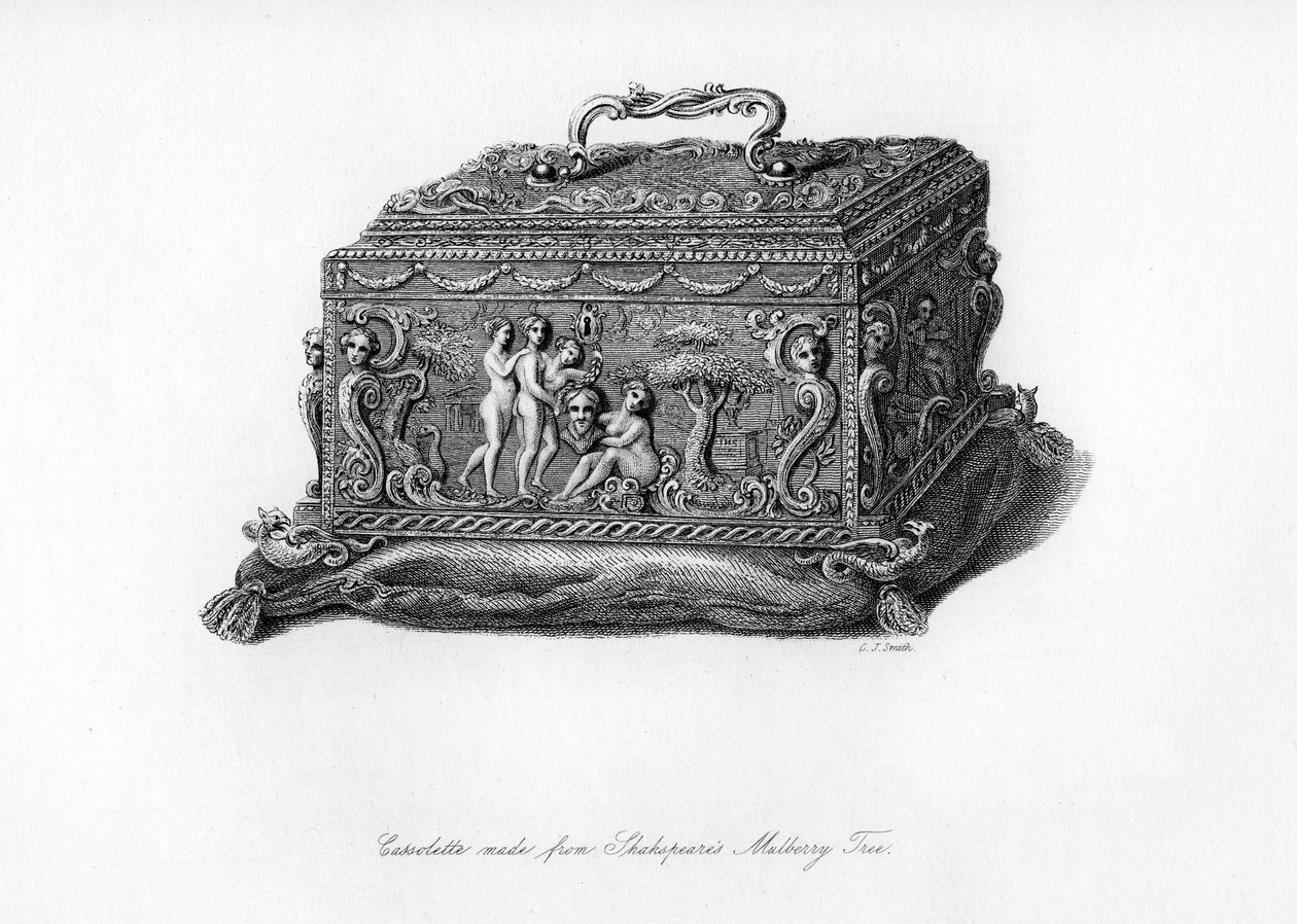 Udskåret cassolette lavet af træet fra Shakespeares morbærtræ, c1700-tallet, 1840 af Charles J. Smith