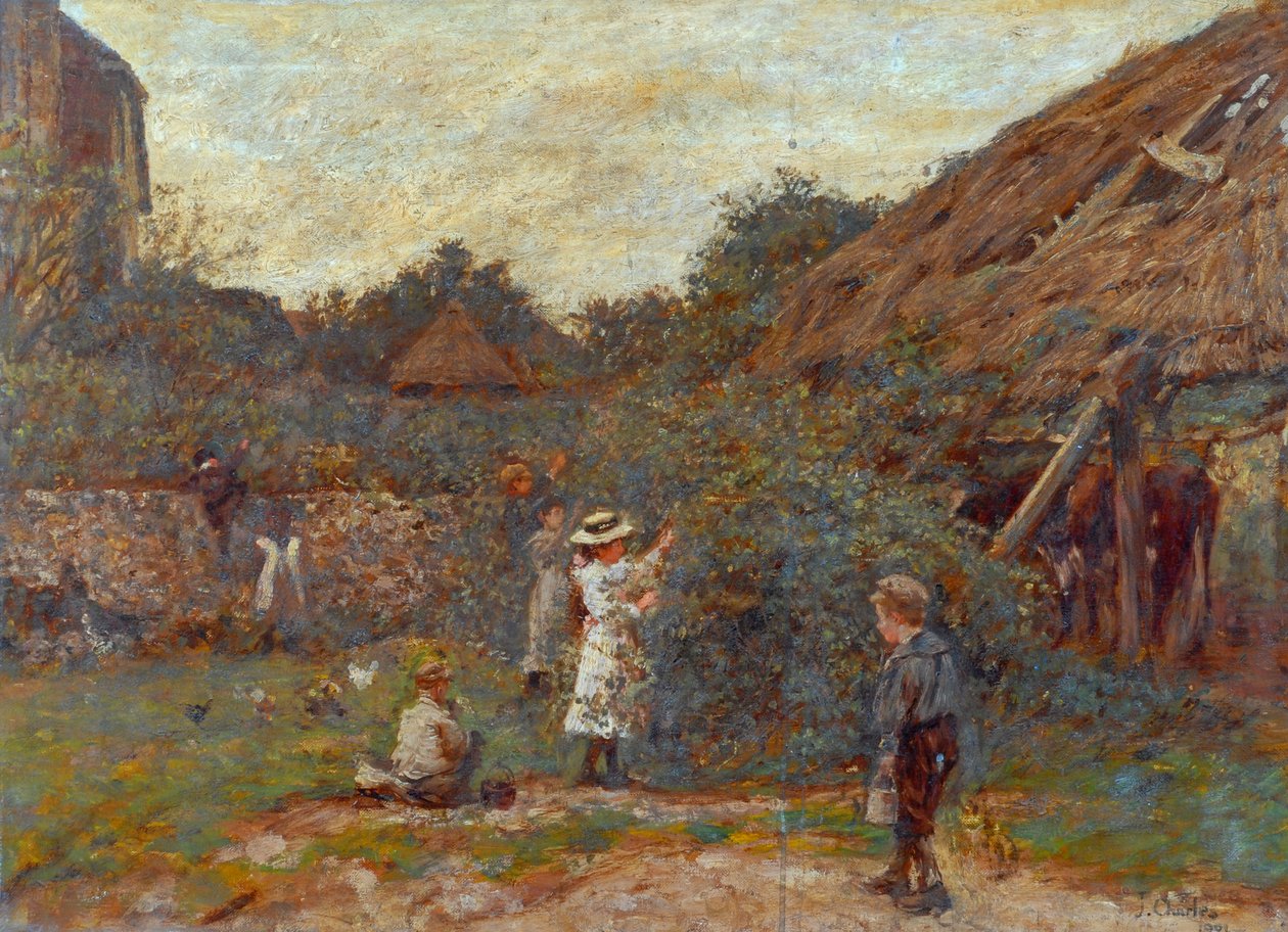 Scene i gården med børn, der plukker frugt, 1901 af Charles James