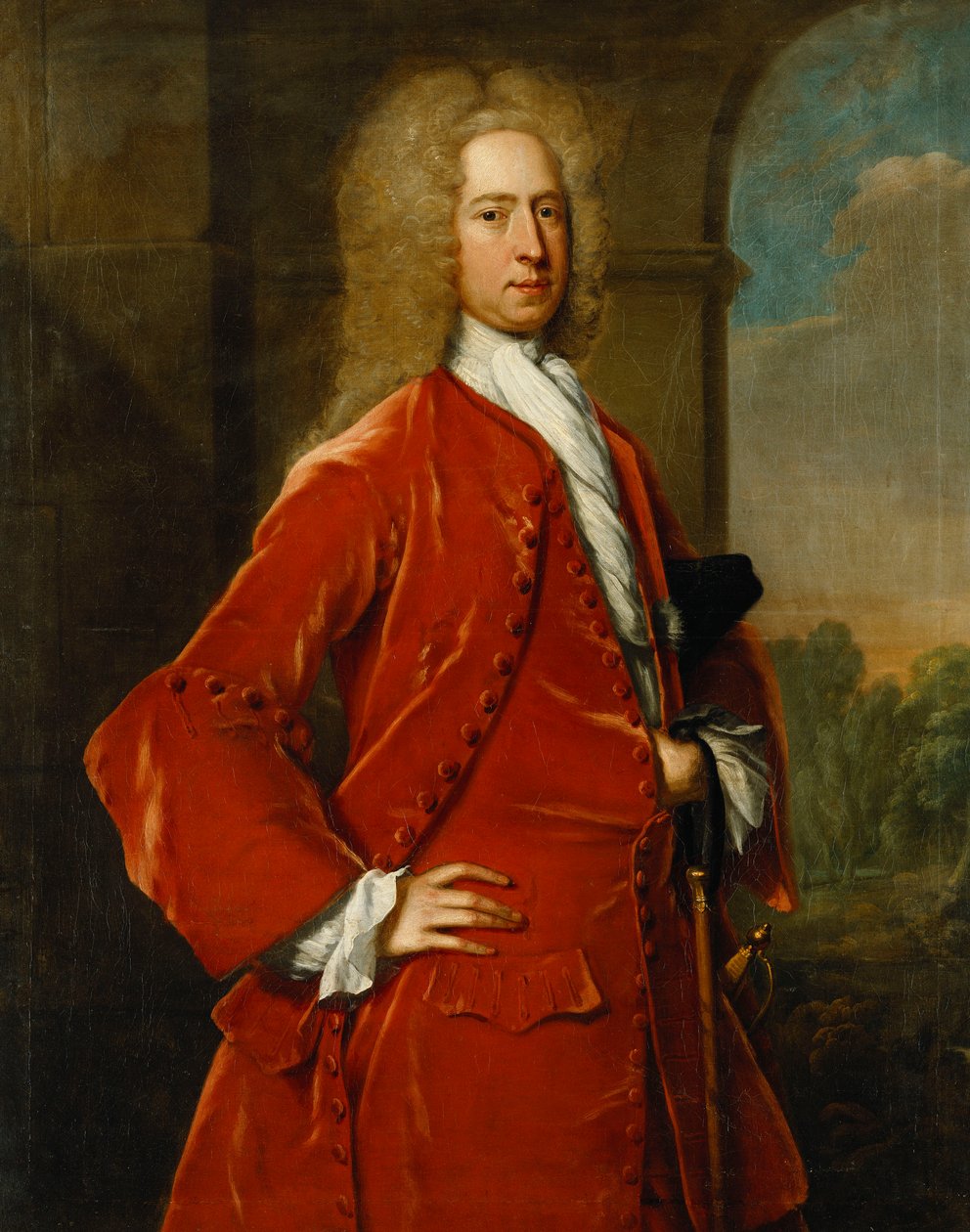Portræt af oberst William Forward, M.P., trekvart længde, i en rød frakke og vest og hvid stock, ved en stenbuegang, et landskab hinsides, af Charles Jervas