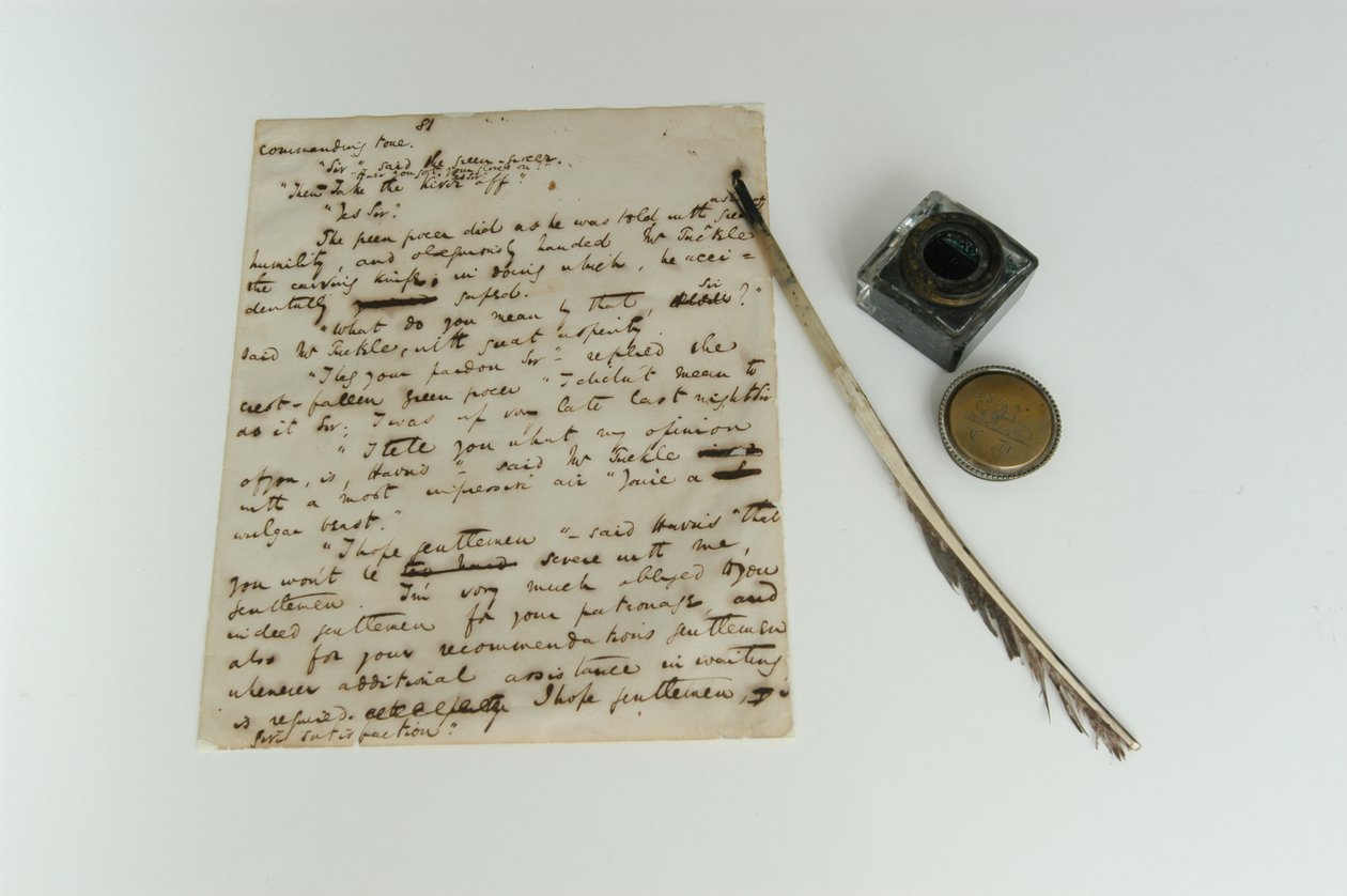 Pickwick Papers manuskript, ca. 1837, og Dickens fjerpen og blæk, fotografi 2000