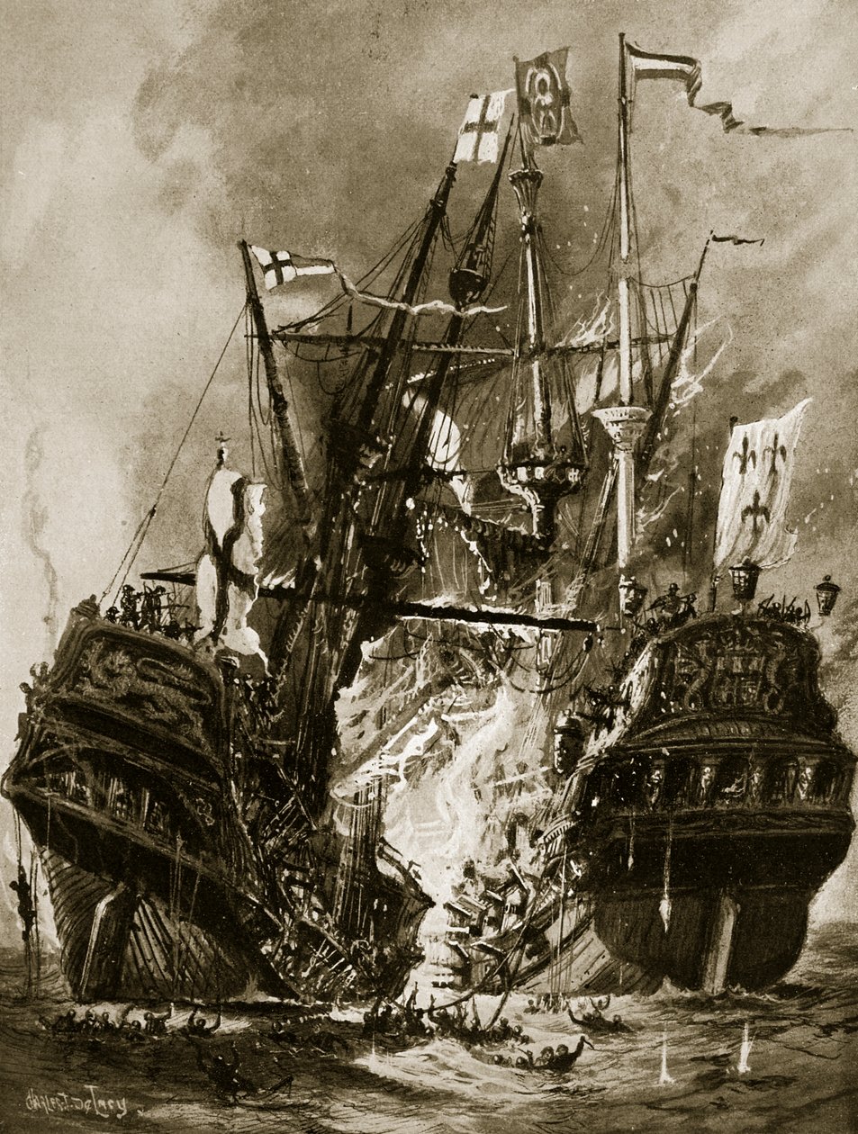 Brændingen af "Regent", 1512, illustration fra "Hutchinson