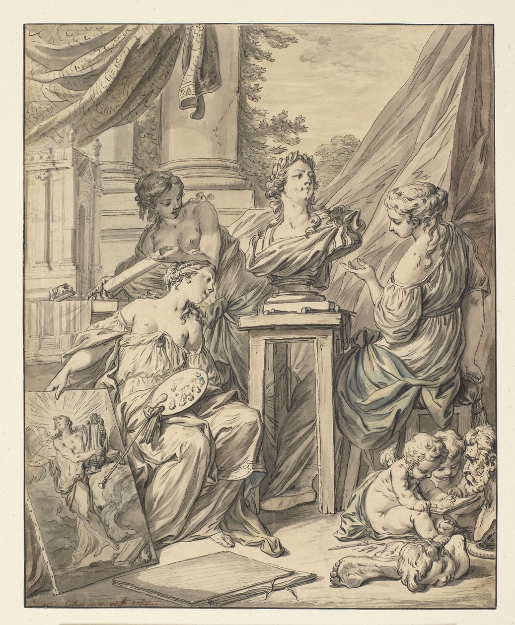 Fine Arts personificeret af tre kvinder engageret i at fejre deres rekognoscering for Louis XV, 1753 (blæk, kridt & wc på papir) af Charles Joseph Dominique Eisen