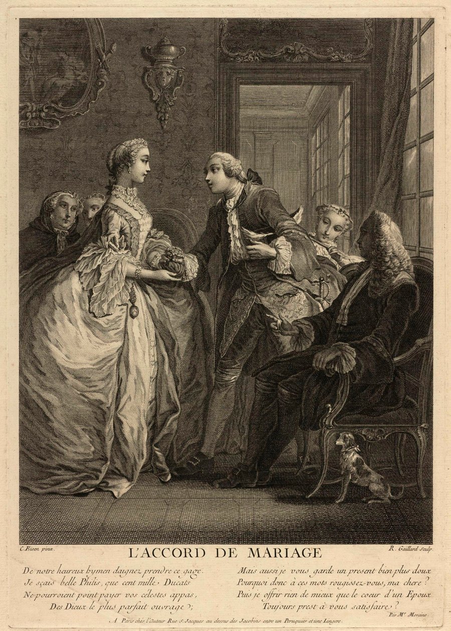 Ægtepagten. En ung mand lægger en pung i hænderne på en ung kvinde under øjnene på bekymrede mennesker, notarer og forældre. Værk af Charles Eisen (1720-1778), gravering af Charles Joseph Dominique Eisen