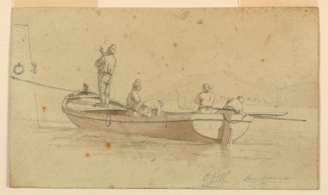 Fiskerbåd ved italiensk sø af Charles Joseph Hullmandel