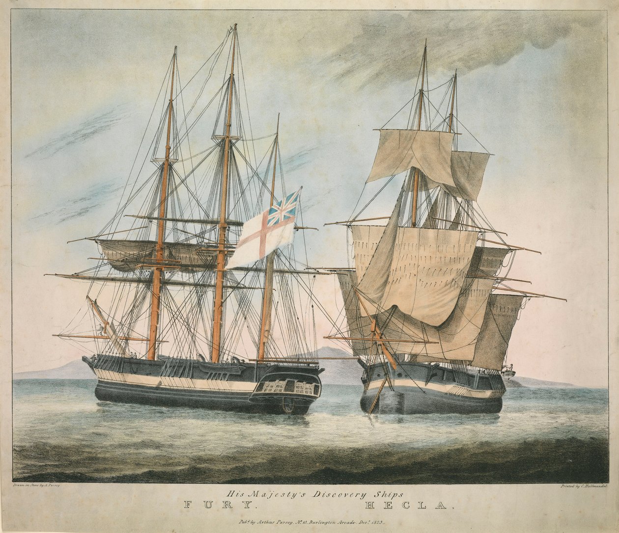 Hans Majestæts Discovery-skibe Fury og Hecla af Charles Joseph Hullmandel