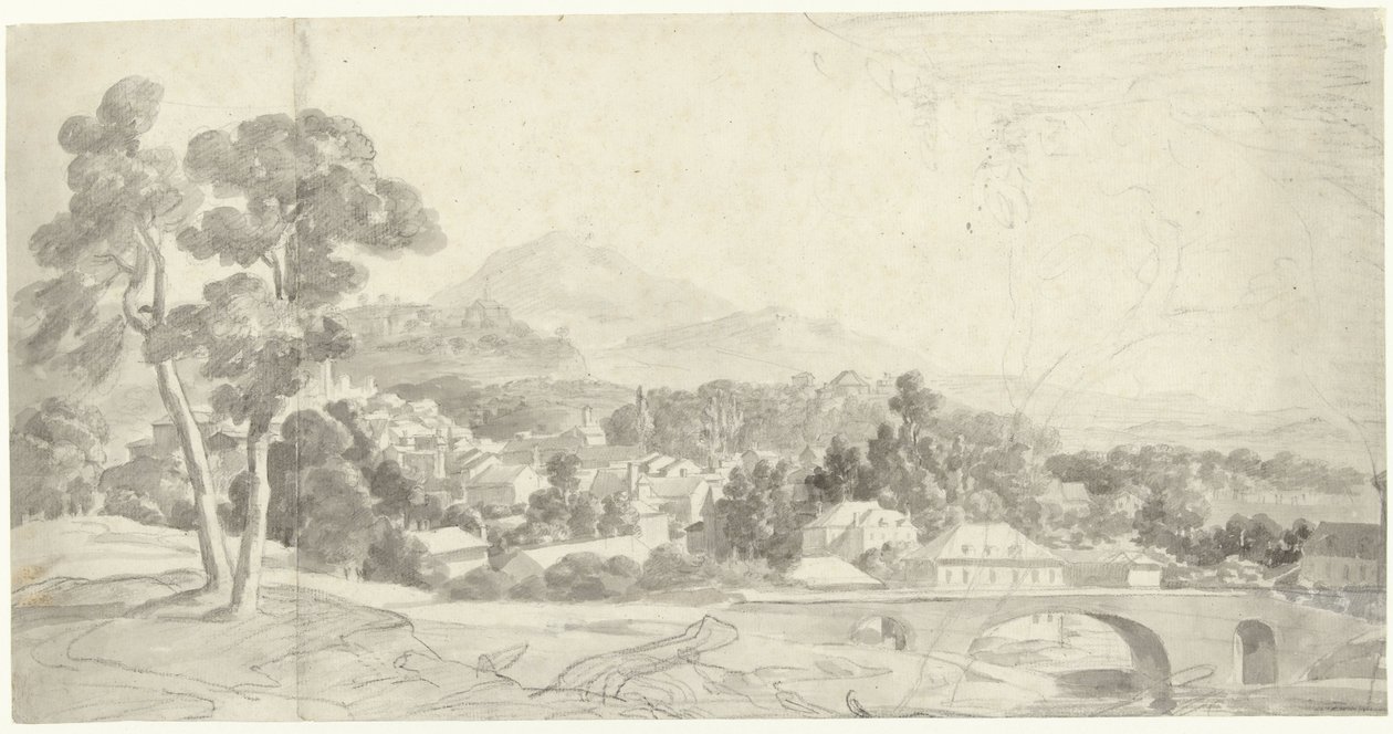 Landskab med en by ved en bro af Charles Joseph Natoire (attributed to)