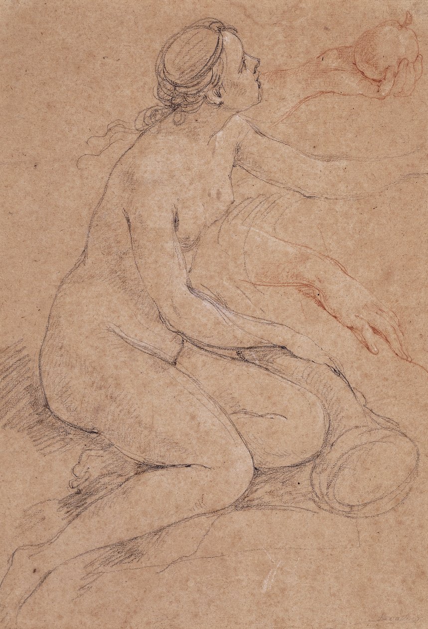 En nymfe, der læner sig op ad et overflødighedshorn, og undersøgelser af hendes hænder, en holder et æble, af Charles Joseph Natoire