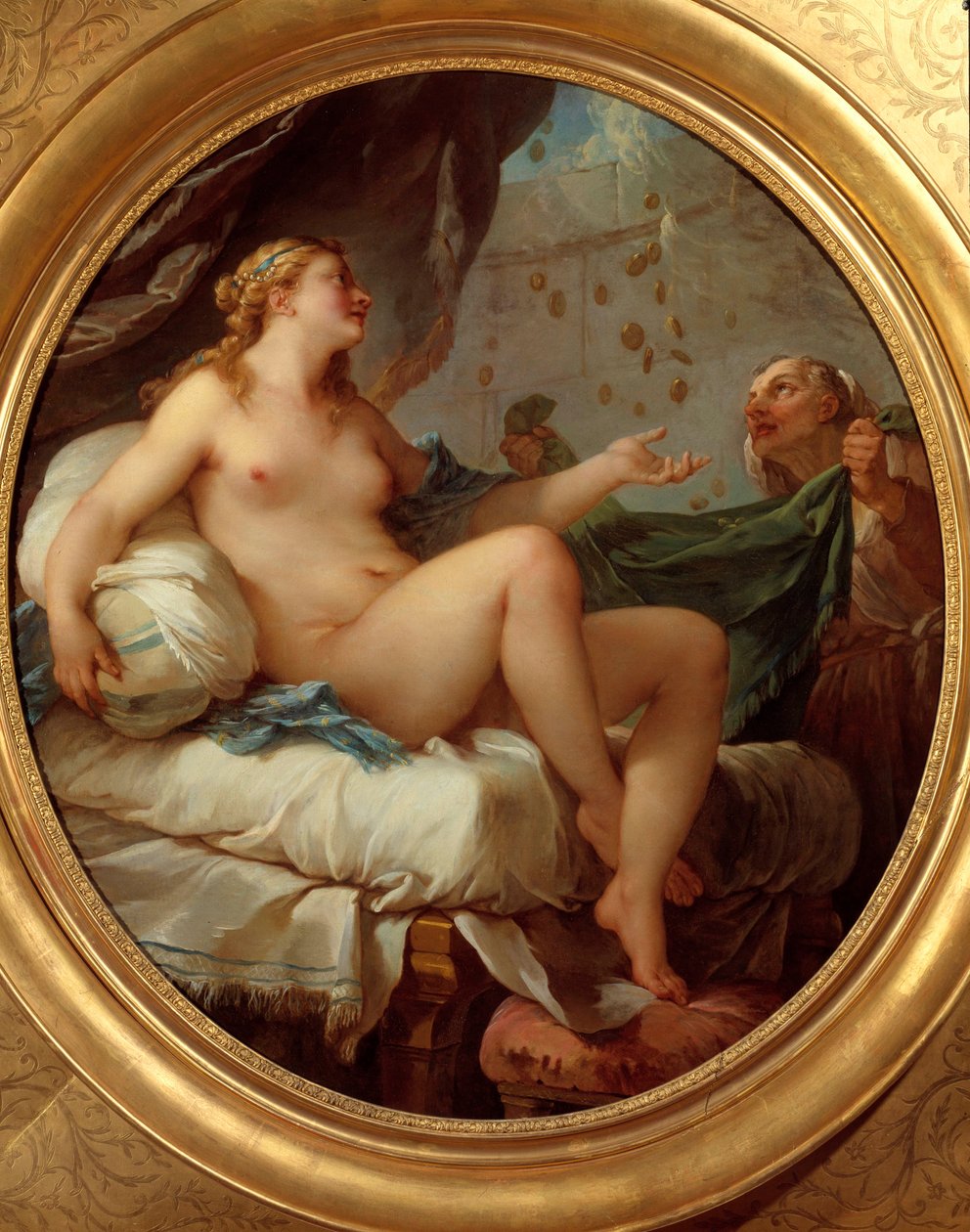 Danae modtager guldregnen Zeus seduit Danae i form af en regn af guldmønter. Maleri af Charles Joseph Natoire (Charles-Joseph Natoire af Charles Joseph Natoire