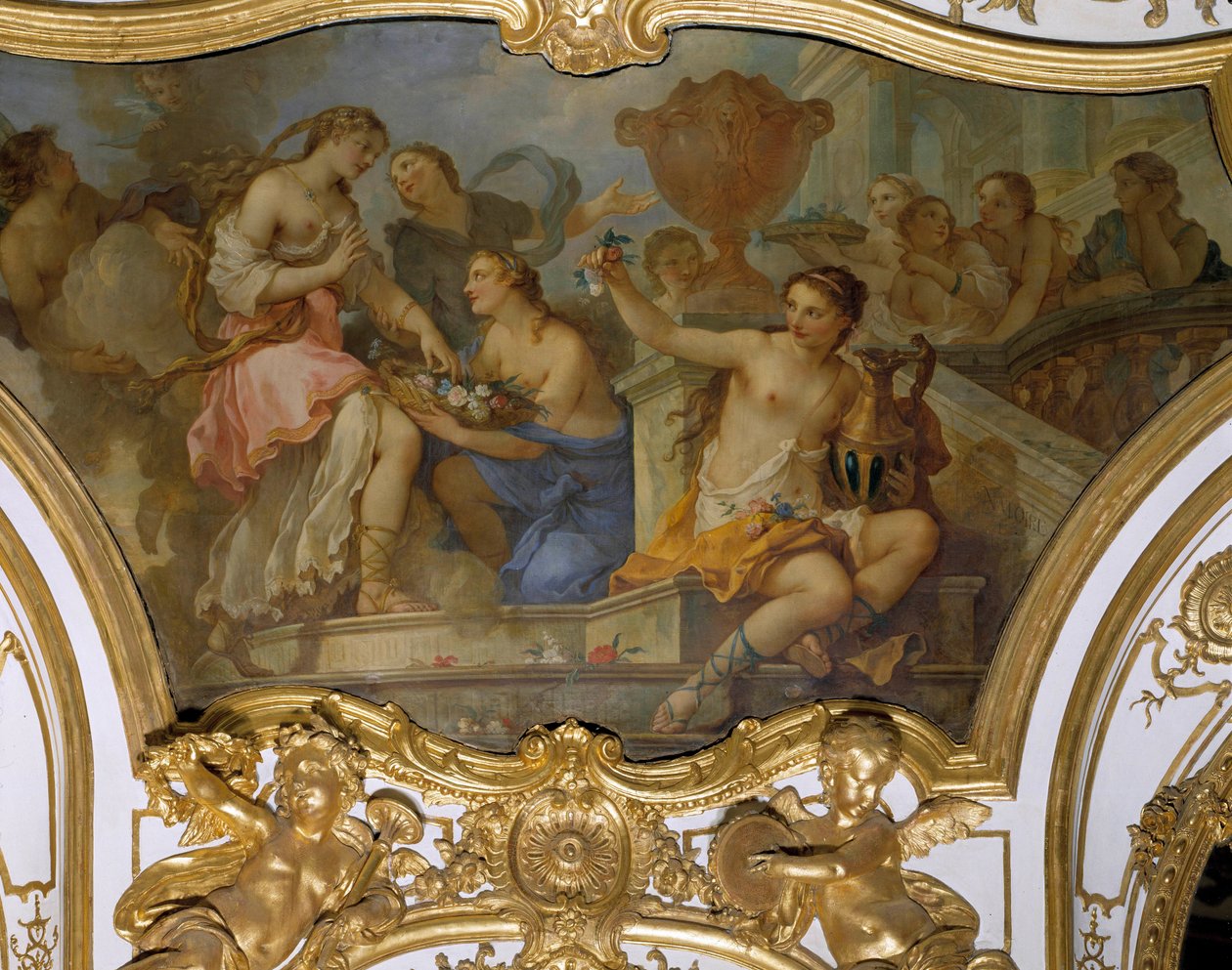 Psyches historie: "" Nymferne tilbyder blomster i Psyche på tærsklen til Amours palads"" Loftmaleri af Charles Joseph Natoire (Charles-Joseph Natoire af Charles Joseph Natoire