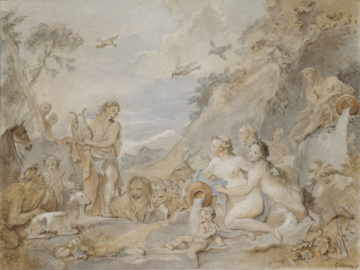 Orpheus charmerer nymferne, dryaderne og dyrene, 1757. af Charles Joseph Natoire