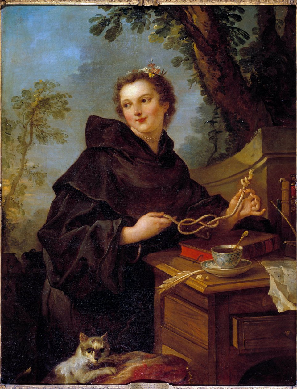 Portræt af Louise Anne De Bourbon Conde, Mademoiselle De Charolais (1695-1758), barnebarn af Louis XIV. Mellem hans hænder en søknude (knude på otte). Maleri af Charles Joseph Natoire (Charles-Joseph Natoire af Charles Joseph Natoire