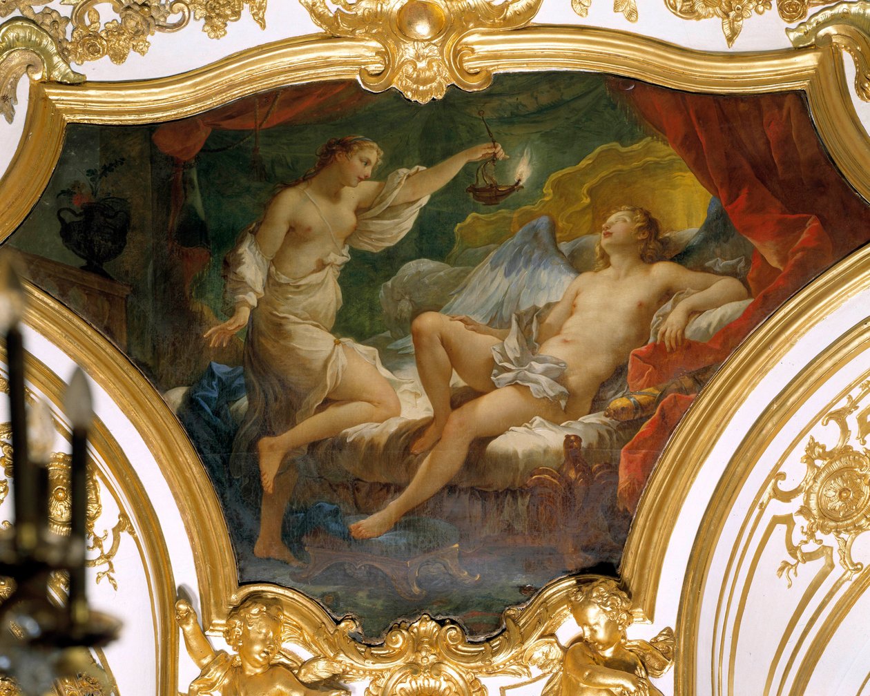 Psyke hæver sin lampe for at betragte sin kone Eros (eller kærlighed) Loftsmaleri af Charles Joseph Natoire (Charles-Joseph Natoire af Charles Joseph Natoire