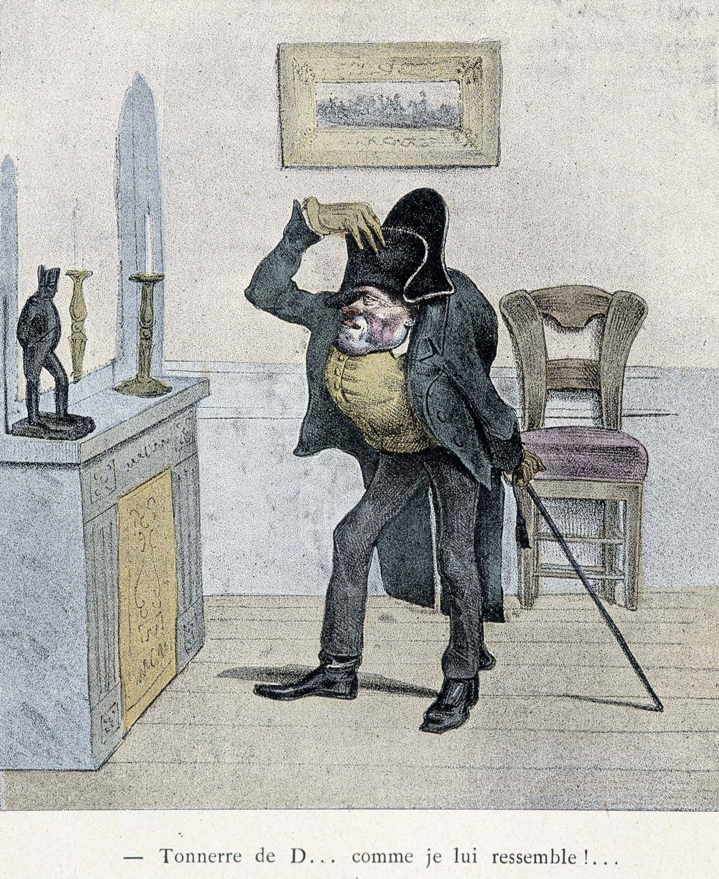Thunder of D... som jeg ligner ham!... Tegneserie af Travies fra det 19. århundrede, der viser en mand, der sammenligner sig selv med en statuette af Napoleon. af Charles Joseph Travies de Villiers