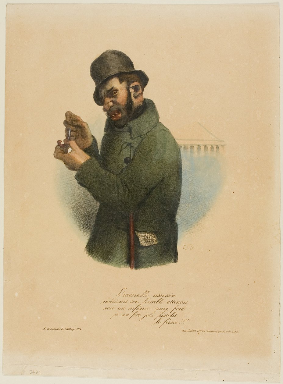 Den afskyelige lejemorder overvejer sit forfærdelige overfald... af Charles Joseph Traviès