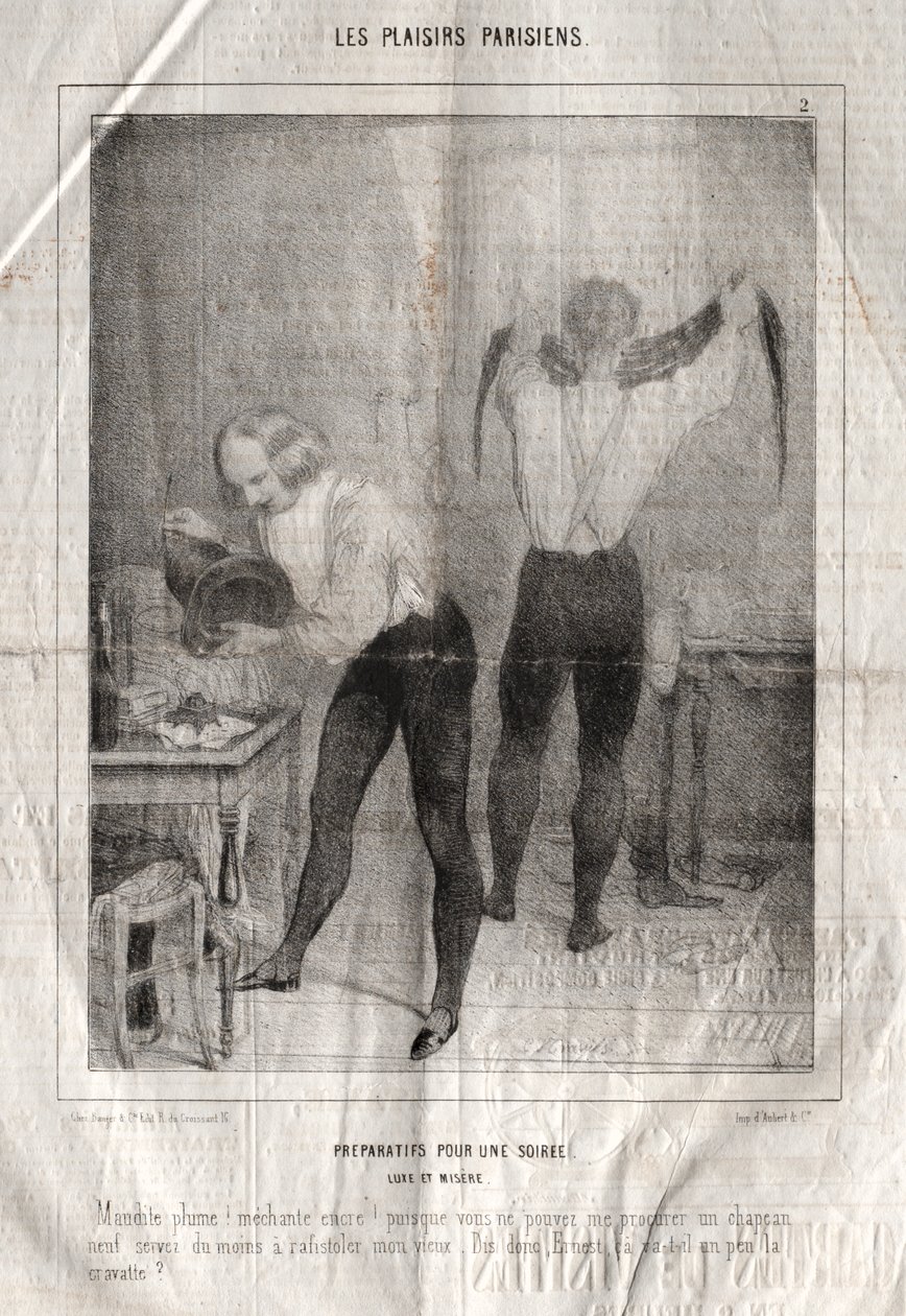 Les Plaisirs Parisiens: Forberedelser til en aften. Luksus og elendighed. Forbandet pen! dårligt blæk!... af Charles Joseph Traviès de Villers