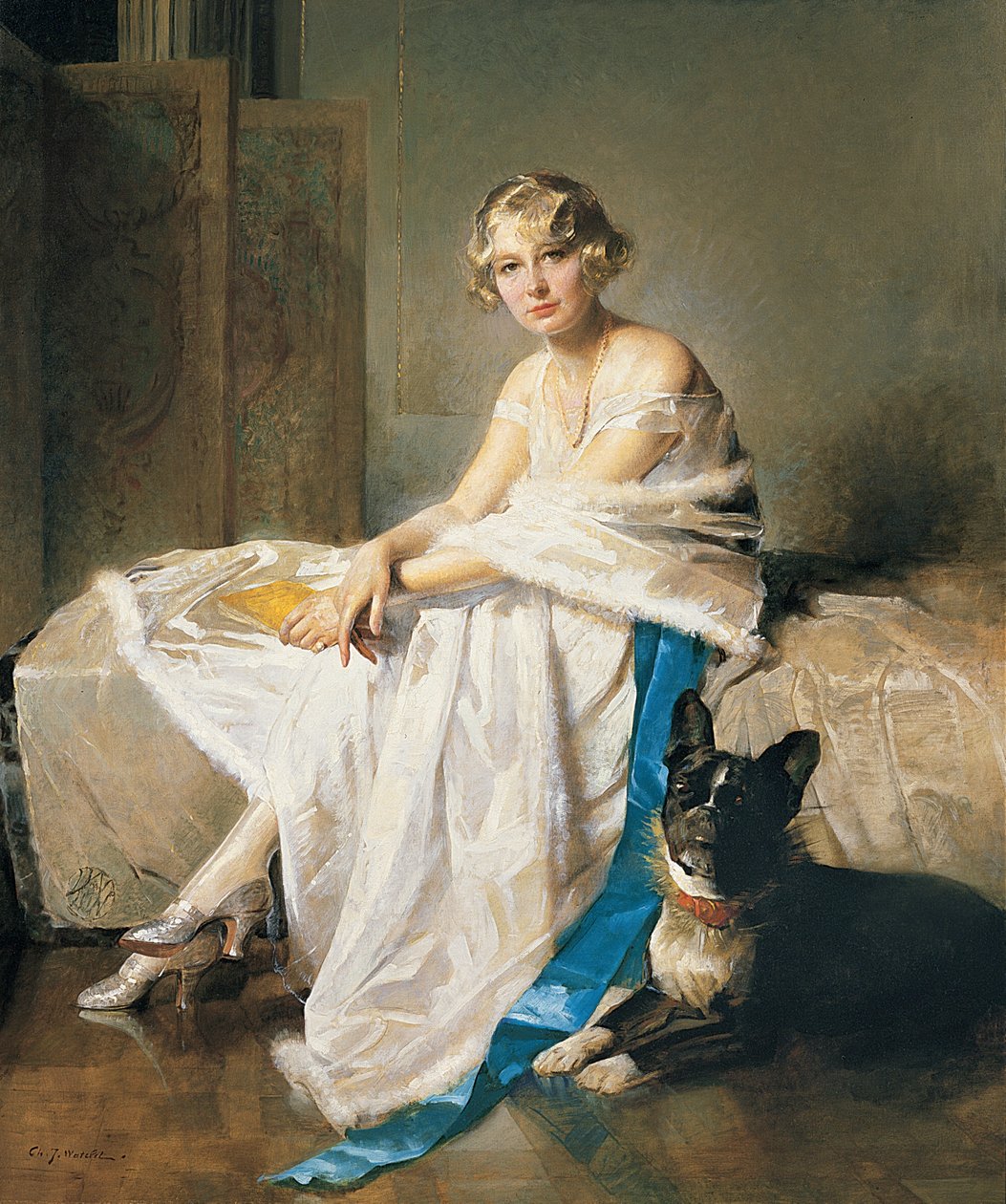En elegant dame med sin franske bulldog i et interiør, ca. 1925 (olie på lærred) af Charles Joseph Watelet