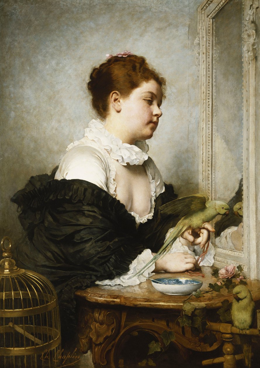 En ung pige med parakitter, af Charles Joshua Chaplin