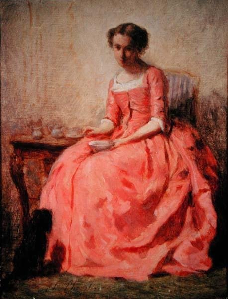 Pige i lyserød kjole ved et bord (olie på lærred) af Charles Joshua Chaplin