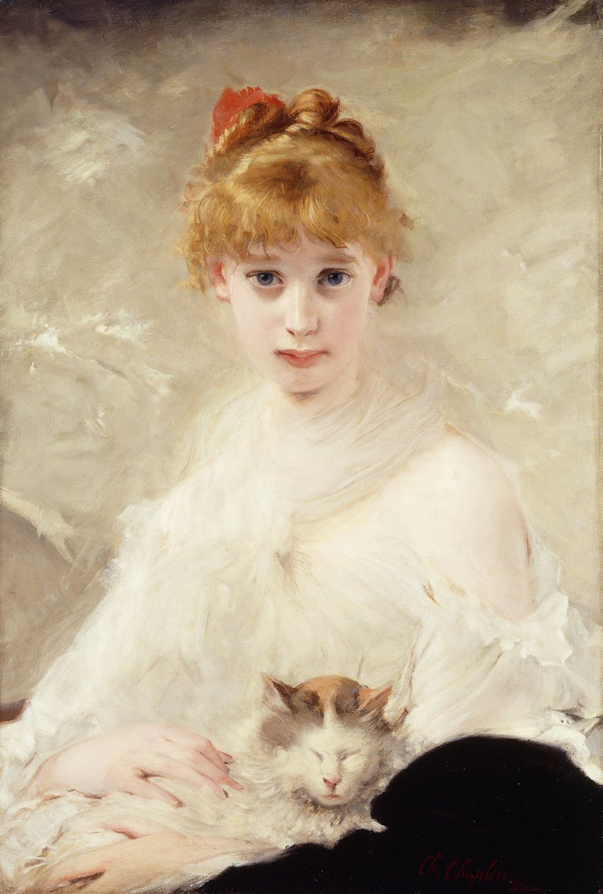 Ung pige med kat; Pigen med Katten, af Charles Joshua Chaplin