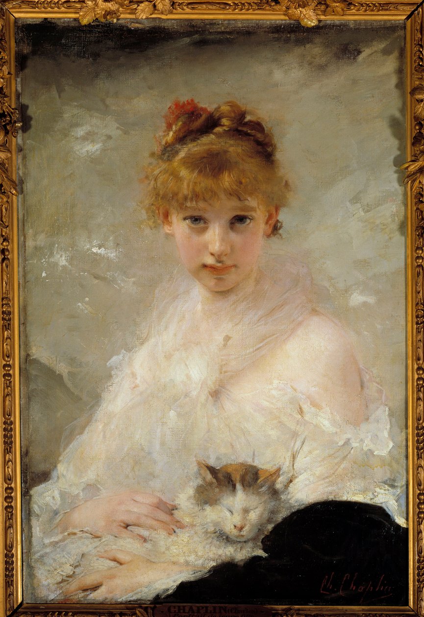 Ung pige med kat maleri af Charles Chaplin (1825-1891) Compiegne fra det 19. århundrede, slottets nationalmuseum af Charles Joshua Chaplin