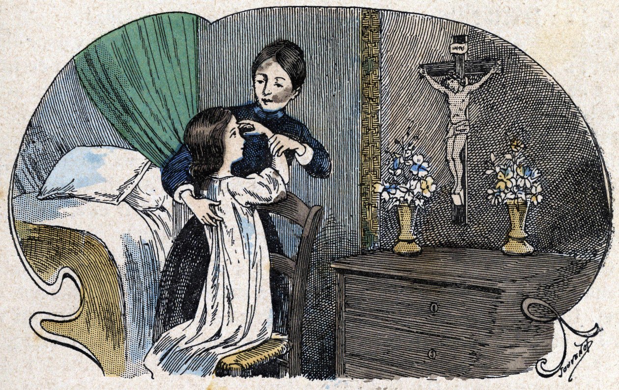 Korsets tegn. i "" Alle religiøse tilhørsforhold - jeg tror på guder"", sd., illustration af slutningen af det 19. århundrede af Jouvenot. Katekismusernes bibliotek. Paris. Leemage samling af Charles Jouvenot