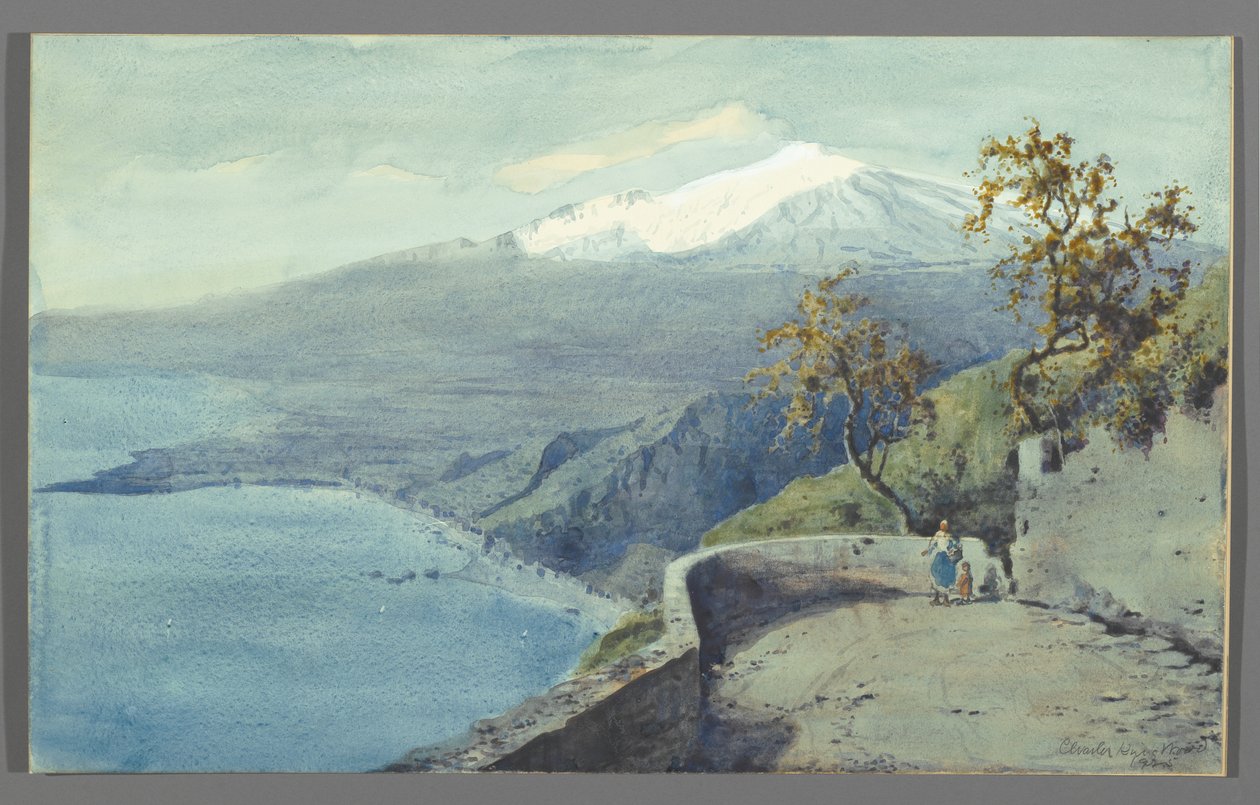 Udsigt over Etna fra Taormina, Sicilien, 1925 (wc på papir monteret på pap) af Charles King Wood