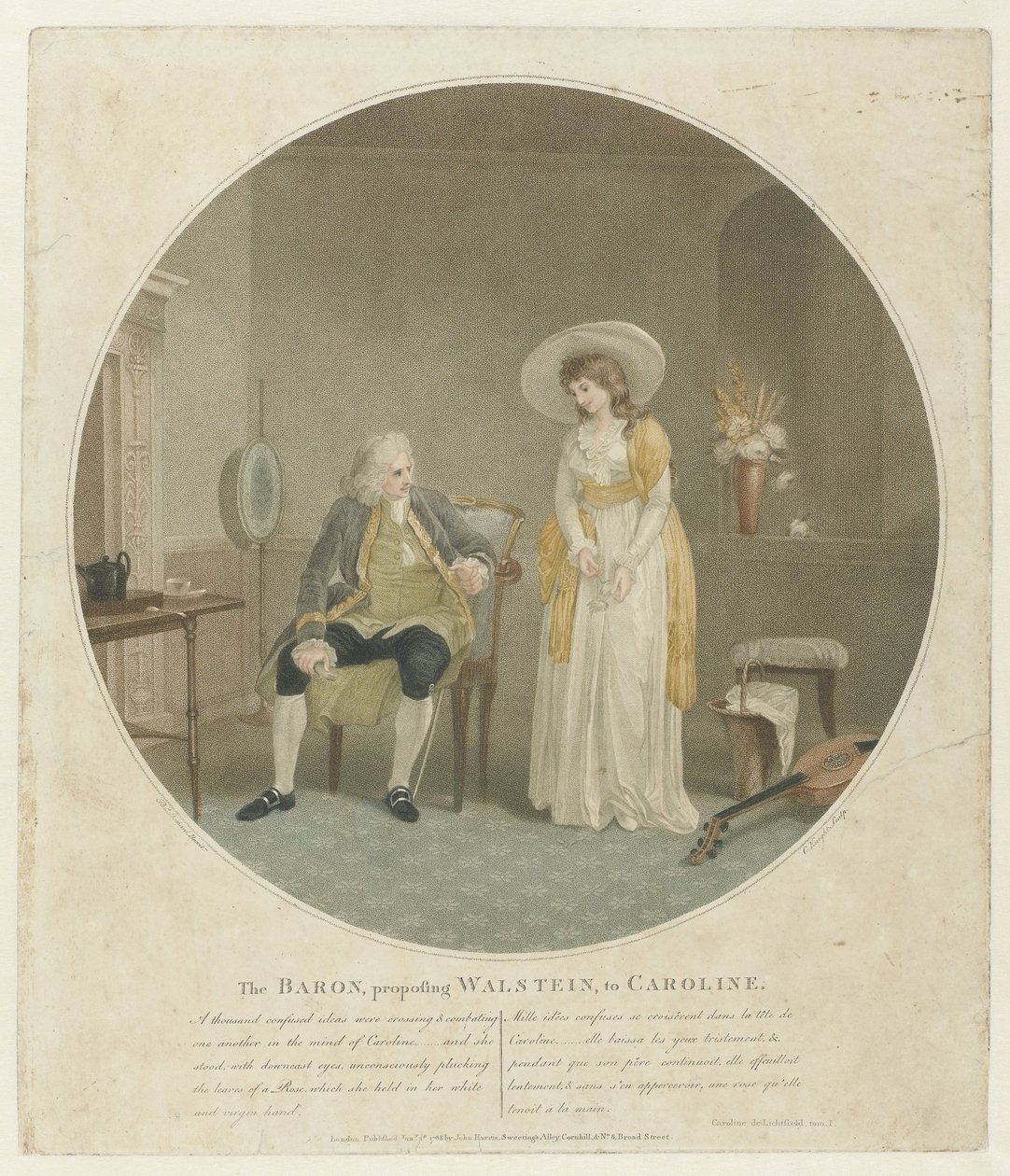 Kvinde med en hvid rose og en mand på en stol Baronen, der frier Walstein til Caroline (titel på objekt) af Charles Knight