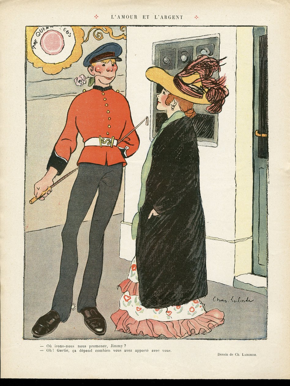 Illustration af Chas-Laborde (1886-1941) i Le Lire, 27/07/12 - Kærlighed og penge - England Storbritannien, Kærlighed, Mode, Hat af Charles Laborde