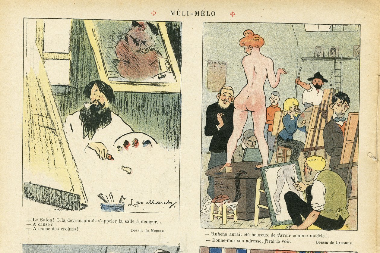 Illustration af Chas-Laborde (1886-1941) i Le Rire, 21/03/08 - Meli-Melo - Kunst, Undervisning, Nudite - Model (som poserer) af Charles Laborde